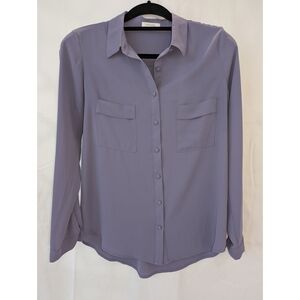 Pleione Purple and Gray Long Sleeve Notched Collar Blouse